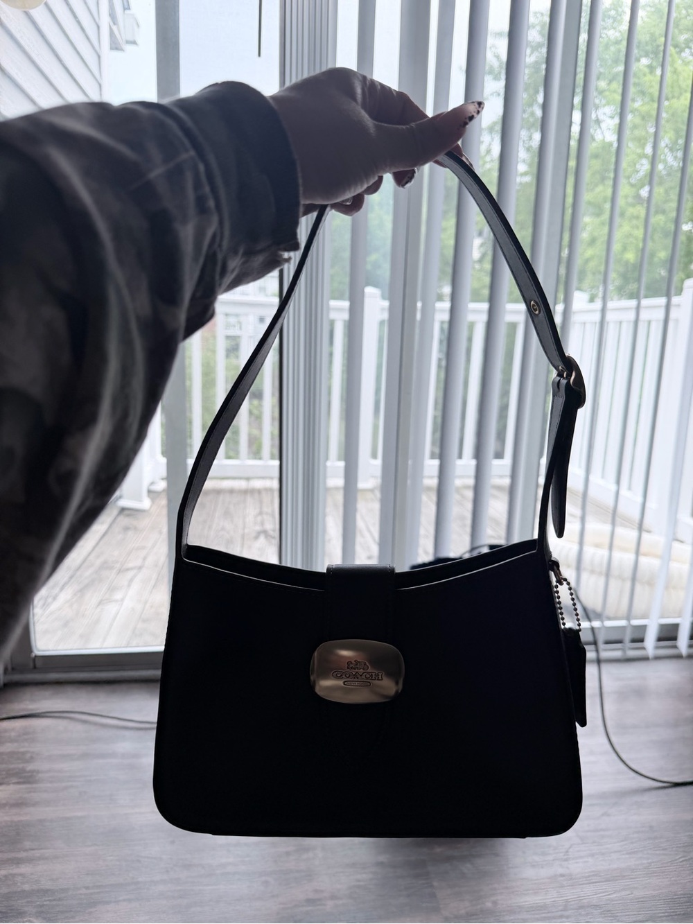 Coach Black Leather Shoulder Bag with Gold-Tone Plaque - Picture 6 of 6